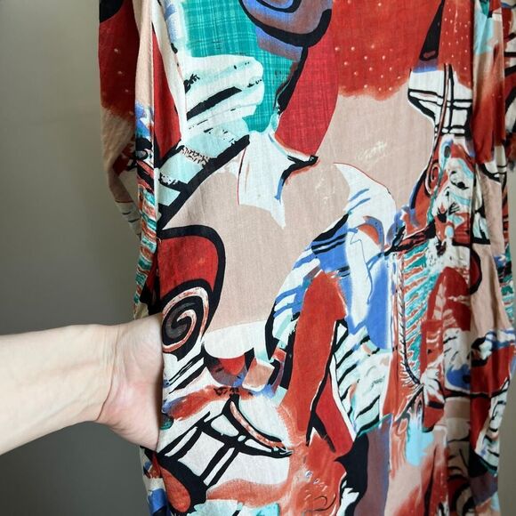 Funky artsy abstract patterned maxi dress laggenlook loose fitting oversized M - Picture 7 of 8